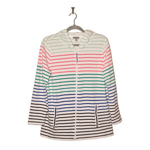Talbots White Hooded Zip Jacket with Multicolor Stripes
